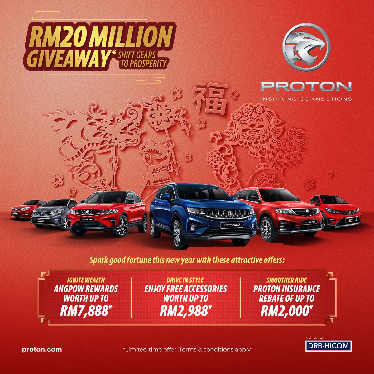 AtiaraJohan's tweet photo. Get ready to kickstart the Lunar New Year in style  🧧 Enjoy of up to RM20 Million Giveaway* and snag incredible Angpow rewards of up to RM7,888*, complimentary accessories worth up to RM2,988*, and PROTON Insurance Rebate of up to RM2,000*!

📱 016-252 6255 / 011-3938 5220 https://t.co/M6za9oNywZ