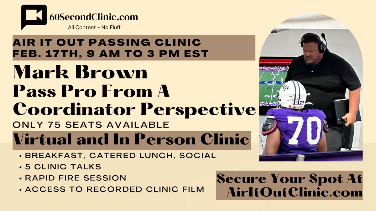 <a href="/Coach_MarkBrown/">Mark Brown</a> from <a href="/BenDavisFB/">Ben Davis Football</a> will be talking about looking at Pass Protection from the OC role. This will be a must see for any position coach looking to move up into a coordinator role!

Secure your spot at 60secondclinic.com/airitout