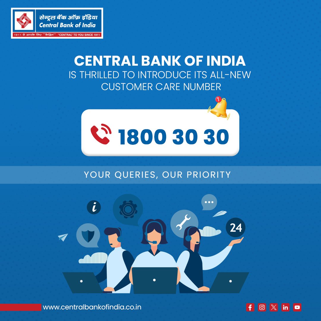 centralbank_in's tweet photo. Exciting News Alert!  Central Bank of India unveils a game-changing upgrade with its new customer care number - 1800 30 30. Your questions have always our top priority!

#NewHelplineNumber #CentralBankOfIndia #CentralToYouSince1911 https://t.co/aJRi2n8IVb