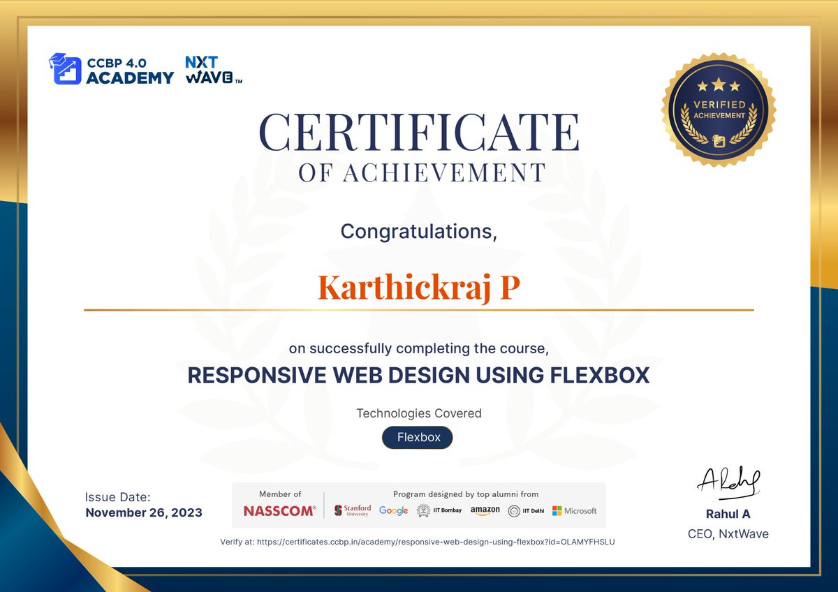 karthickraj29's tweet image. 🎉 Just completed the course on RESPONSIVE WEB DESIGN USING FLEXBOX! 💻🌐 Excited to apply my new skills in creating user-friendly and visually stunning websites. 🚀 #webdesign #flexbox #learningjourney @nxtwave_tech #nxtwave #ccbpacademy