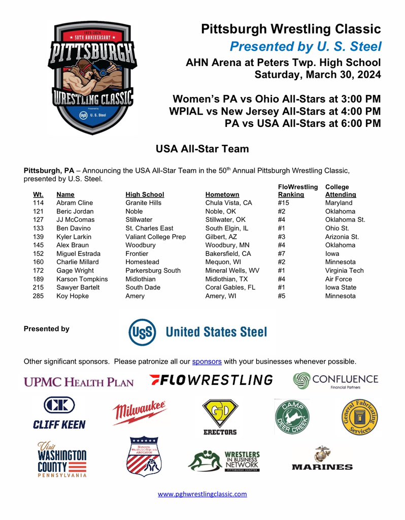 USA All-Star Team Announced 🗣 The Pittsburgh Wrestling Classic is excited to welcome the USA All-Star Team to the City of Pittsburgh! Check out the USA Line up below! @nwcawrestling @FloWrestling @PAPowerWrestle