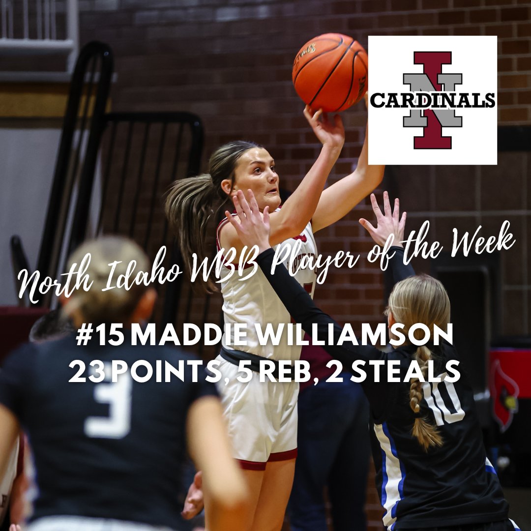 NorthIdahoWBB's tweet photo. Last weeks NIC WBB Player of the week is Malta, MT product Maddie Williamson for her fantastic game vs CSI.
Over the course of the last two games Maddie had scored 44 points, grabbed 13 rebounds, dished out 6 assists and has 7 steals
#SCCWeFly https://t.co/6sxdL34eAA