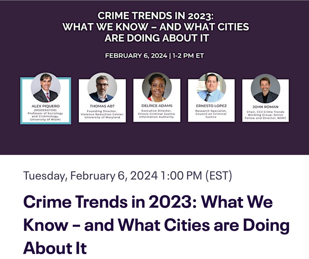 Attended this excellent panel discussion today on #CrimeTrends What We Know - and What #Cities are Doing About It. Thank you @DrAlexPiquero for moderating this important discussion filled with lots take aways #CallsToAction #CommunitySafety #CrimePrevention #SocialImpact #Safety