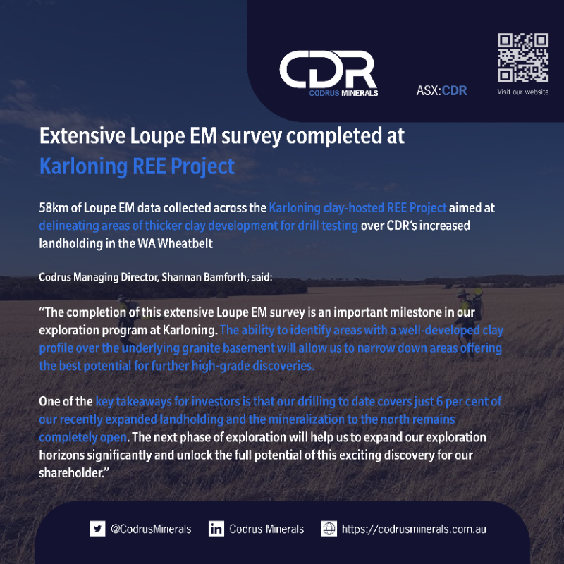 CodrusMinerals's tweet photo. #CDR has completed data acquisition of an extensive high-quality Loupe EM survey at its #Karloning #REE Project in 🇦🇺 

🔎 “...eagerly awaiting the interpretation of this highly valuable dataset, which will pave the way for our next air-core drilling program"

$CDR #exploration