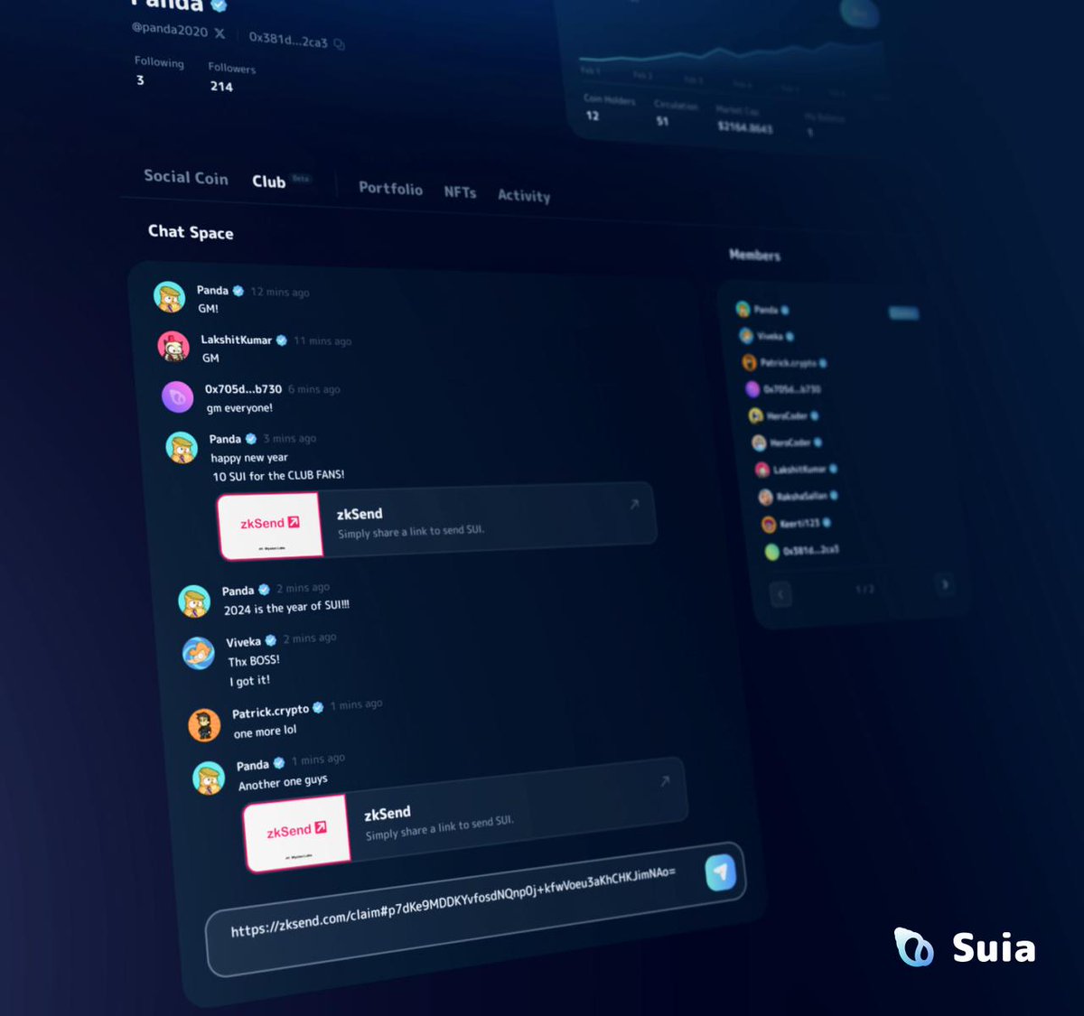 💬Club is testing. 1️⃣Hold #SocialCoin to chat in the Club. 2️⃣All messages are stored on-chain with #StorageFunds and one message cost is about $0.006 @SuiNetwork 3️⃣You can send, delete messages, and share a #zkSend link to send $SUI