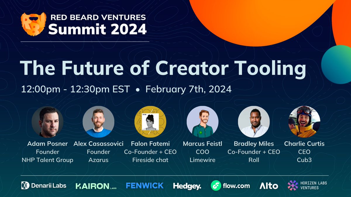 DrewAustin's tweet photo. Moving on to the #RBVSummit panel "The Future of Creator Tooling" at 12:00PM EST with @zatmonkey of @azarusio, @Bradley_Miles_ of @TryRoll, @falonfatemi  of @FiresideChatApp, @marcusfeistl of @limewire, @AdamJPosner of NHP Talent, and Charlie Curtis of @Cub3Loyalty. https://t.co/Mtooc9IrWJ