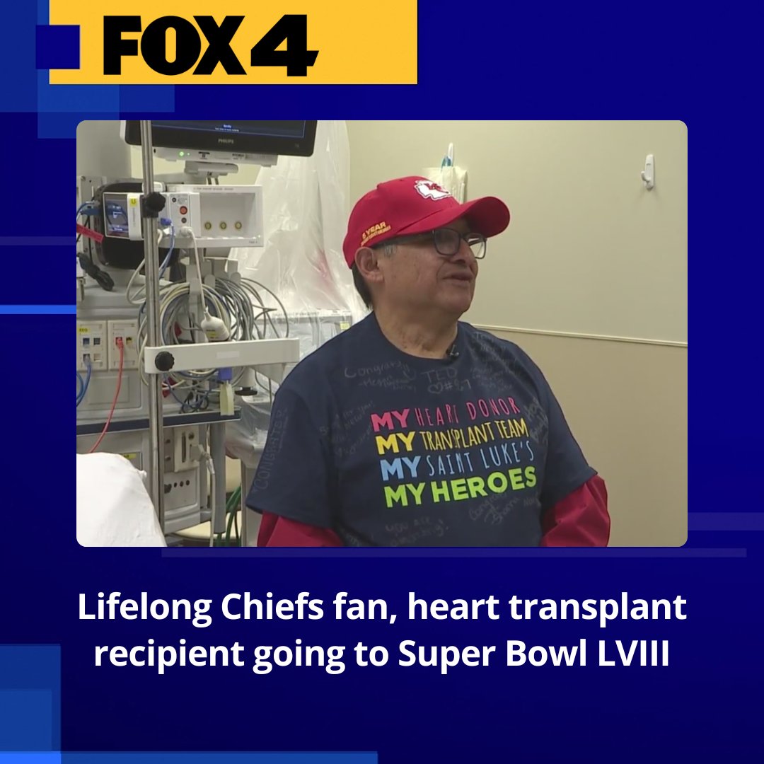fox4kc's tweet photo. The 65-year-old Kansas City man will celebrate his first anniversary with his new heart – watching his Chiefs play in person in Super Bowl LVIII. https://t.co/CX6oWtA4Bz https://t.co/eV110Rf7Yl
