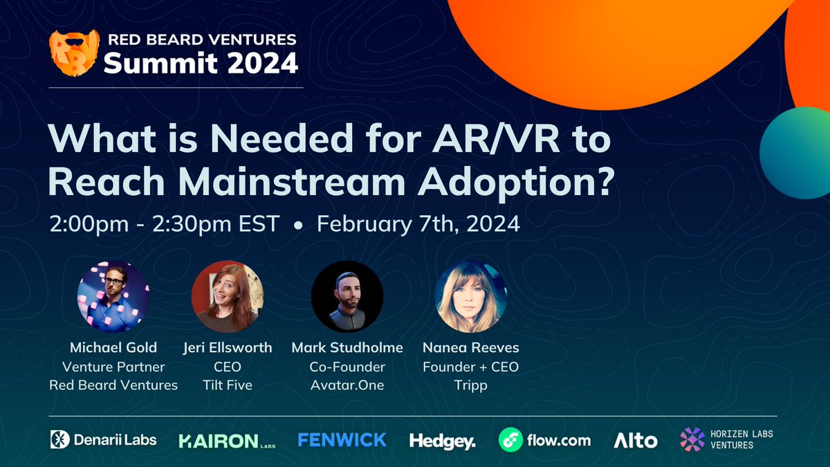 DrewAustin's tweet photo. A timely #RBVSummit panel "What is Needed for AR/VR to Reach Mainstream Adoption?" at 2:00PM EST with @michaelgold of @RedBeardVC, @nanea of @TRIPPVR, @jeriellsworth of @tiltfive, and @Mark_Studholme of @avatar_dot_one. https://t.co/EJaC94xSJo