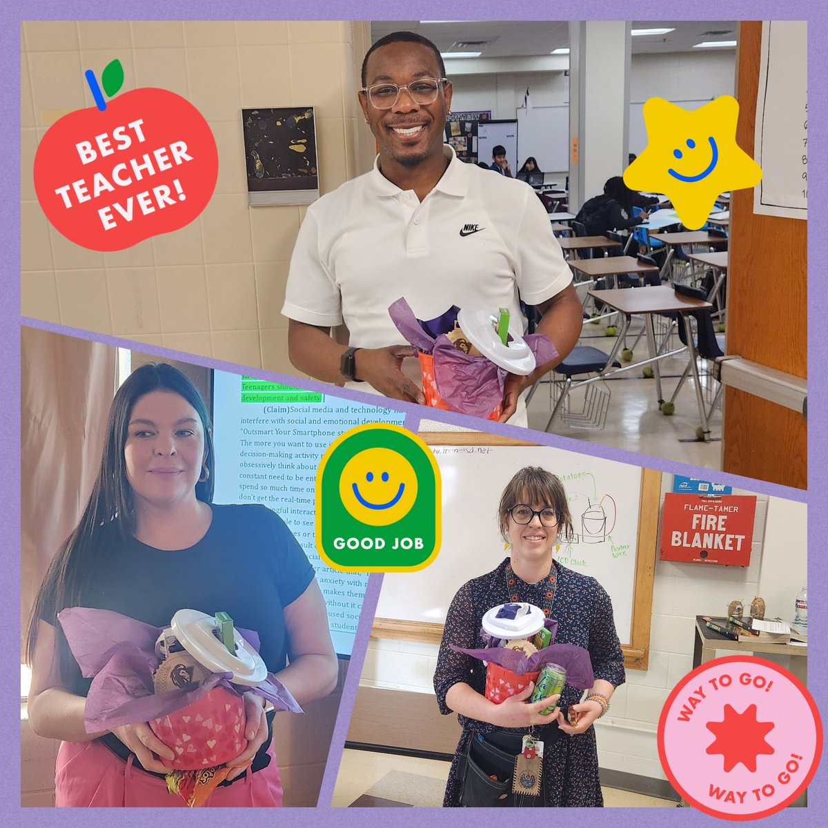 📣📣 Congrats to our Teacher of the Year finalists, Mr. Wright (AVID/Math), Ms. Rodriguez (RLA), and Ms. Purgason (Science)! Thank you for all you do to make sure #OurKids #LearnGrowBelong in #OurHouse! 💜🦁📝