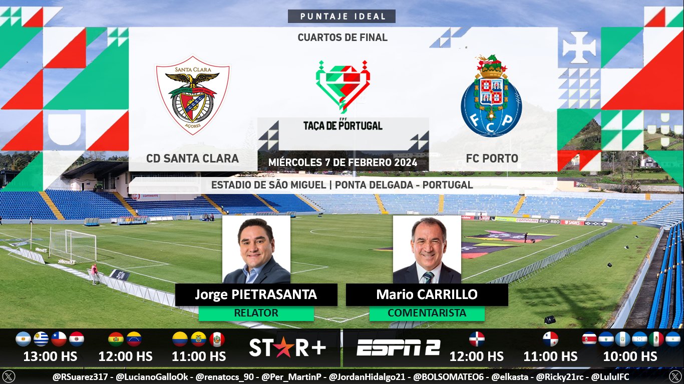 Puntaje Ideal on X: ⚽ #TaçaDePortugal 🇵🇹  #SantaClara vs. #FCPorto 🎙  Relator: @J_Pietra 🎙 Comentarista: @MARIOCARRILLOY2 📺 #ESPN2  Centroamérica y México 🇲🇽 💻📱@StarPlusLA Latinoamérica 🤳 #FUTBOLxESPN -  #ESPNenStarPlus - #CDSCFCP Dale RT