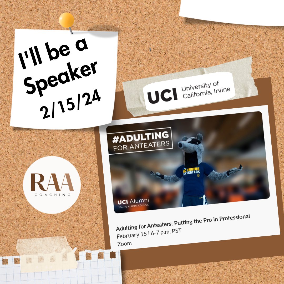 Super excited to be representing #RAACoaching as a SPEAKER for UC Irvine’s Adulting for Anteaters Webinar on Professionalism!!

#UCI #UCIrvine #UCIAA #UCIAlumni #UniversityofCaliforniaIrvine
#youngalumni #professionaldevelopment #earlycareers #speaker
#raacoaching