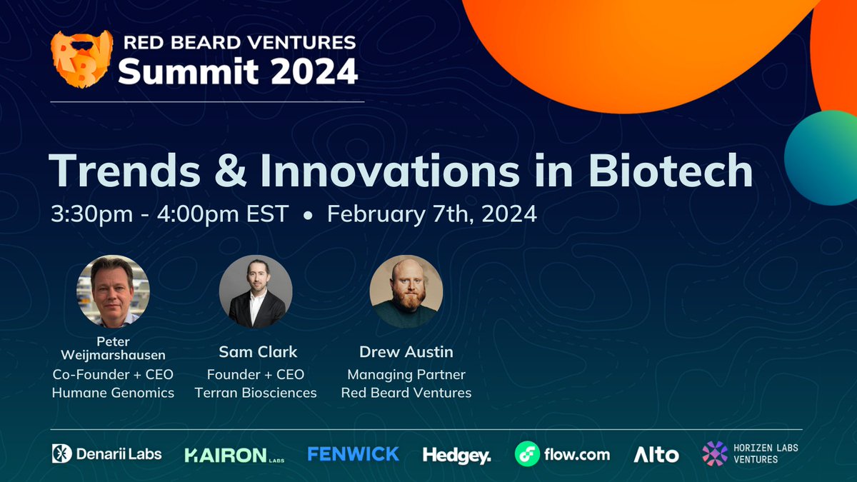 DrewAustin's tweet photo. I'll be hosting a super interesting #RBVSummit panel "Trends &amp; Innovations in Biotech" at 3:30PM EST with Sam Clark of @TerranBio, @weijmarshausen of Humane Genomics. https://t.co/lp0GDORoTx