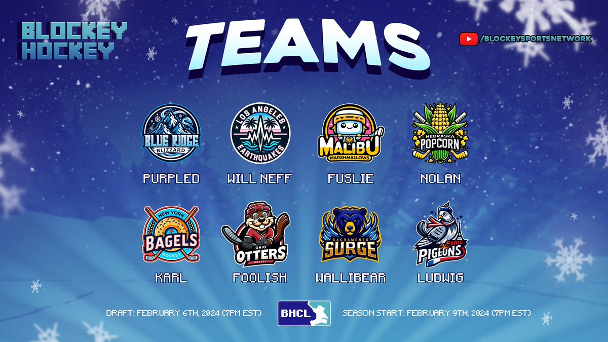 INTRODUCING! The Blockey Hockey Creator League! This is a hockey league all in Minecraft with teams all owned by content creator friends of mine! Full list of Creators: @burpled @TheWillNeff @fuslie @NolansRollin Me @FoolishGamers @Wallibear @LudwigAhgren