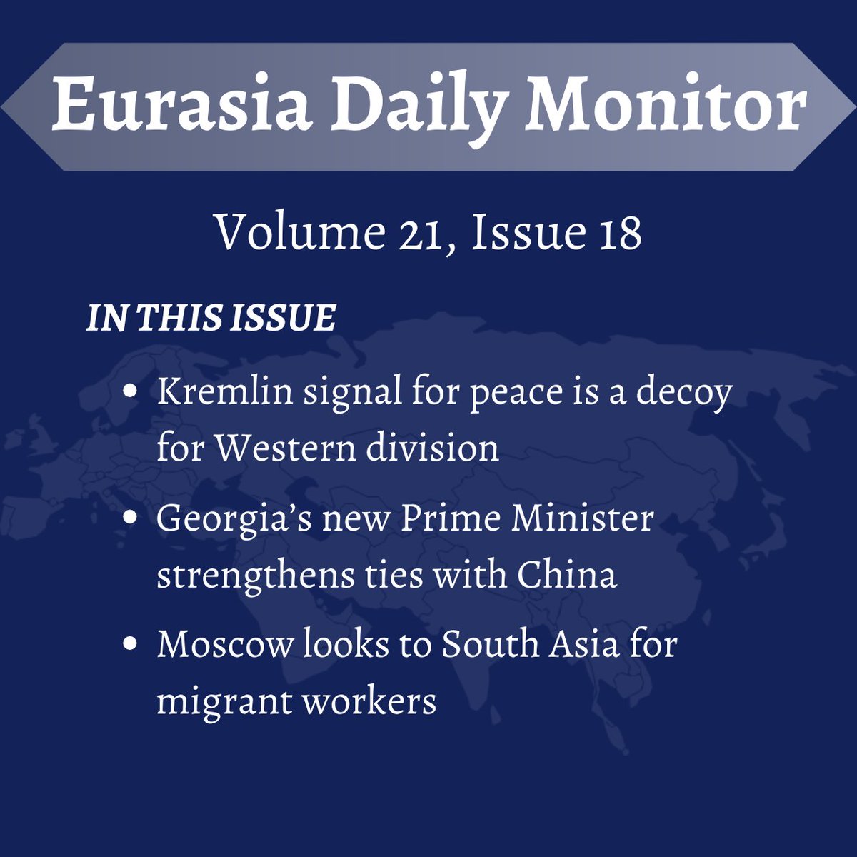 The Eurasia Daily Monitor <a href="/EDMJamestown/">EDM Jamestown</a>
Tuesday, February 6, 2024 
Volume 21 Issue 18  

Featuring articles from:
Boris Bondarev (<a href="/Vizlypuzly1/">Boris Bondarev</a>)
Beka Chedia
Paul Goble (<a href="/PaulGoble1/">Paul Goble</a>)

Read whole issue here:   mailchi.mp/jamestown/eura…