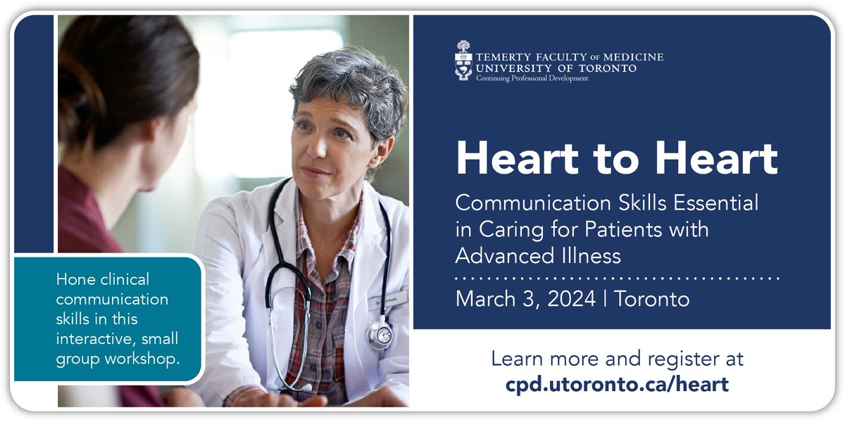 Develop clinical #communication skills essential in #healthcare. Practice leading conversations with patients and their families during Heart to Heart: an interactive, small group workshop. 📅 March 3 📍 Toronto 🔗 cpd.utoronto.ca/heart/