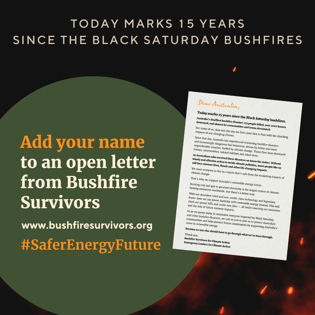 This year marks 15 years since Black Saturday. As bushfire survivors, we understand the impacts of climate change. Add your name to our open letter and join the call for safer energy now. ✍️ bushfiresurvivors.org/openletter #BSCAOpenLetter #SaferEnergyNow #SaferEnergyFuture