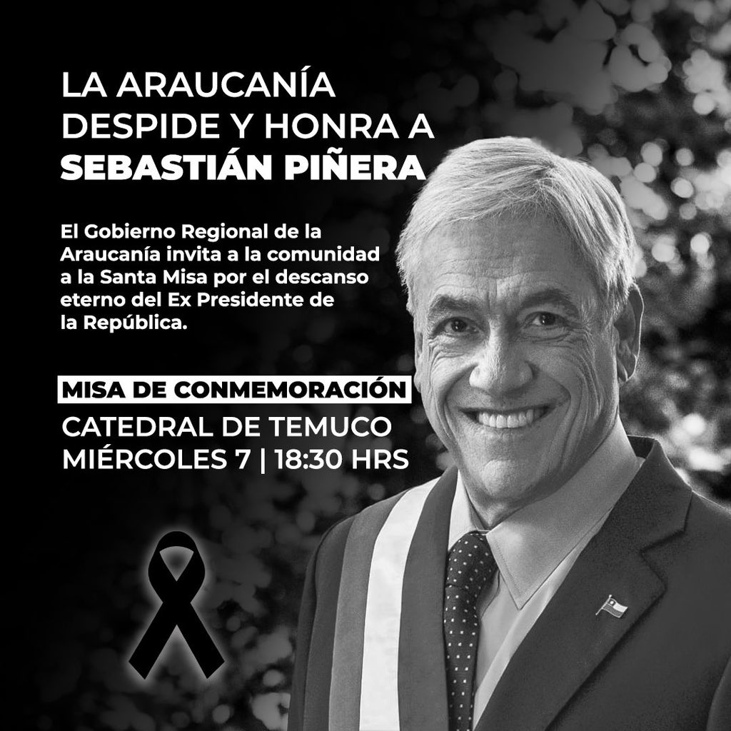 Les pido nos acompañen desde las 18.30 horas de mañana miércoles 7 de febrero en la misa que preparamos para rendir un sentido homenaje a nuestro presidente Piñera en la Catedral de Temuco.

Chile y la Araucanía le agradecen.