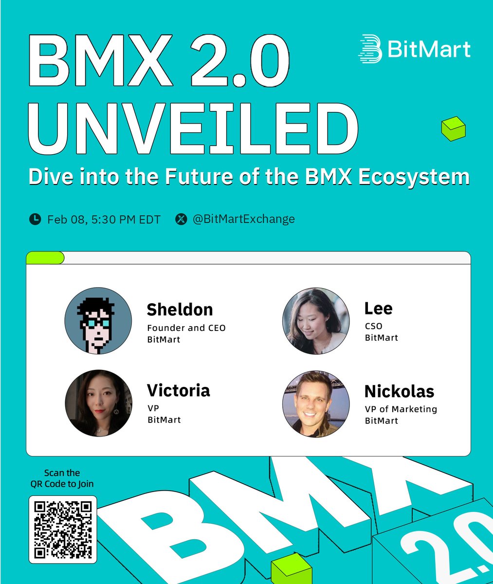 Join our #AMA to explore the future of #BMX Ecosystem! 🔥 ⏰ Feb 8, 10:30 PM UTC / 5:30 PM EST 🔔 Set a reminder: twitter.com/i/spaces/1nAJE… 🎙️ Speakers: @sheldonbitmart Founder & CEO of BitMart @toyoufromlee CSO of BitMart @victoria3364 VP of BD at BitMart @nickolashoog VP of