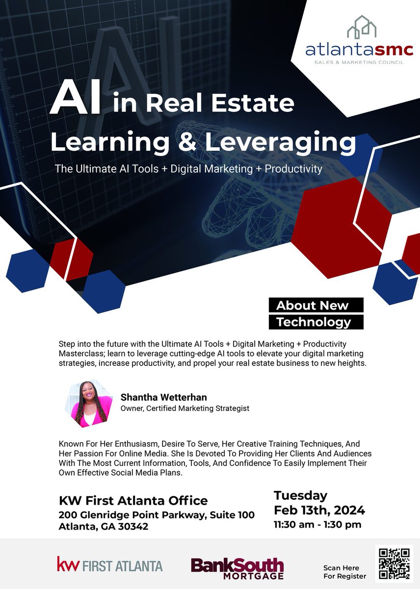 AtlantaSMC's tweet photo. Don't forget to sign up for Al in Real Estate Learning &amp; Leverage Event! @shanthawetterhan with @kwfirstatlanta will be speaking on this and we can't wait to be apart of it. Register today! ⭐️⭐️⭐️ https://t.co/B3IkvYCWMt
