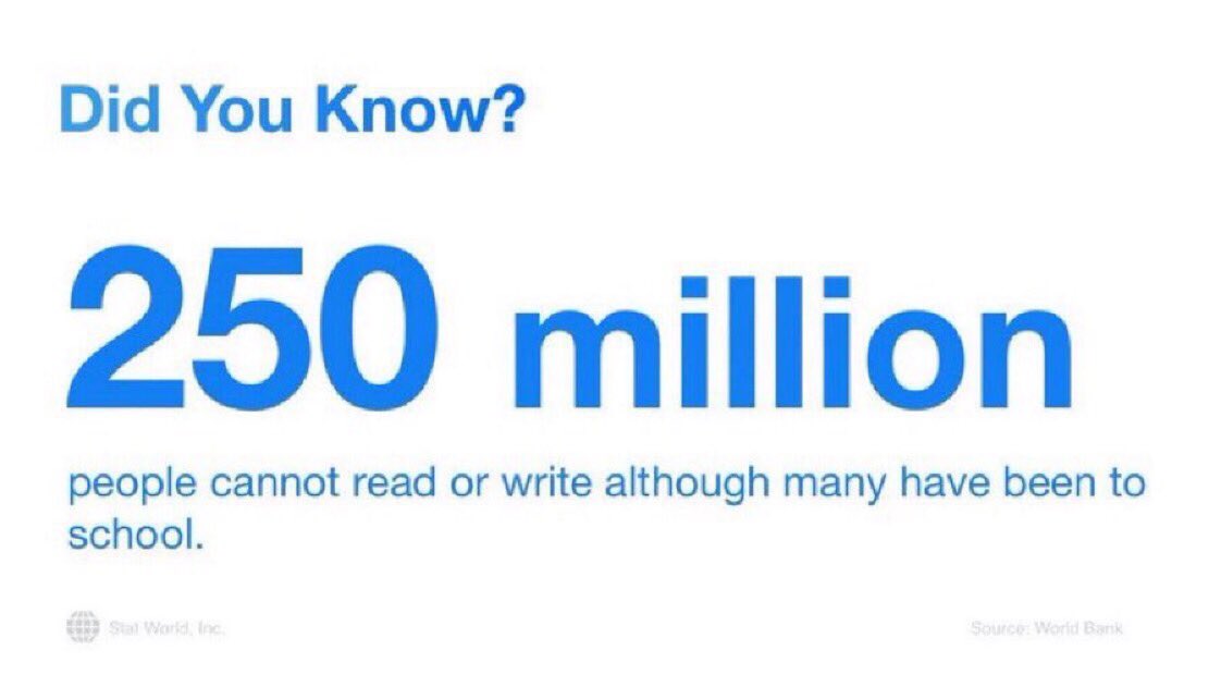 stat_world's tweet photo. #DidYouKnow that 250 million #people cannot #read or #write although many have been to #school?
#WorldBank

#Statistics #World #WDI #Data #DataScience #Visualization 
https://t.co/j0UwlW5RBq https://t.co/YU3kgm6DuO