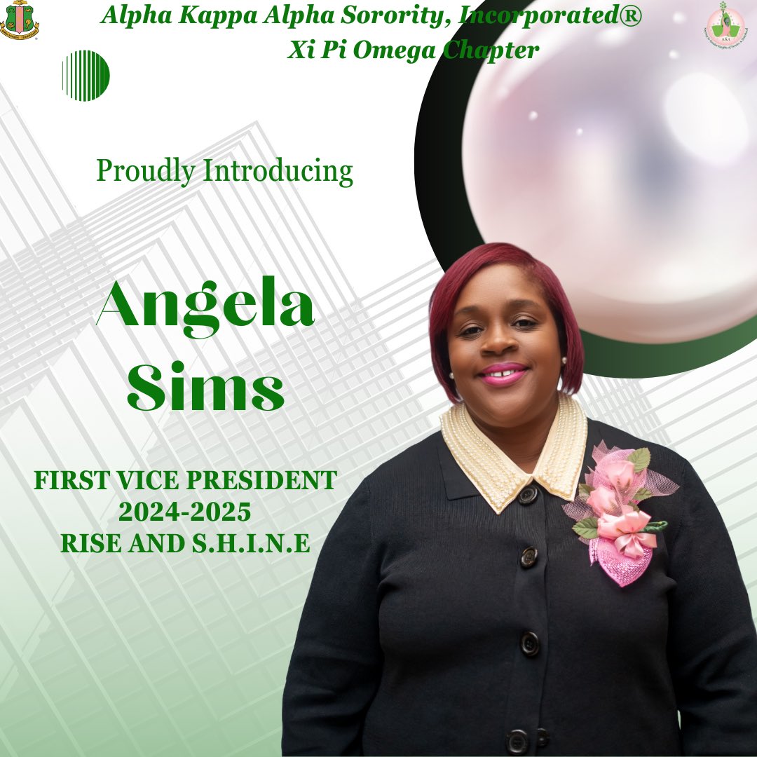 XiPiOmegaAKA's tweet photo. ⭐️Introducing our 2024-2025 Chapter VP, Angela Sims! ⭐️

Angela Sims joined Alpha Kappa Alpha Sorority, Inc.® Xi Pi Omega Chapter in 1992. With 32 years of service and multiple leadership roles, she's a true pillar of Xi Pi Omega! 🩷💚

#AKA1908 #XiPiOmega #RiseAndSHINE https://t.co/uRslRjW61G