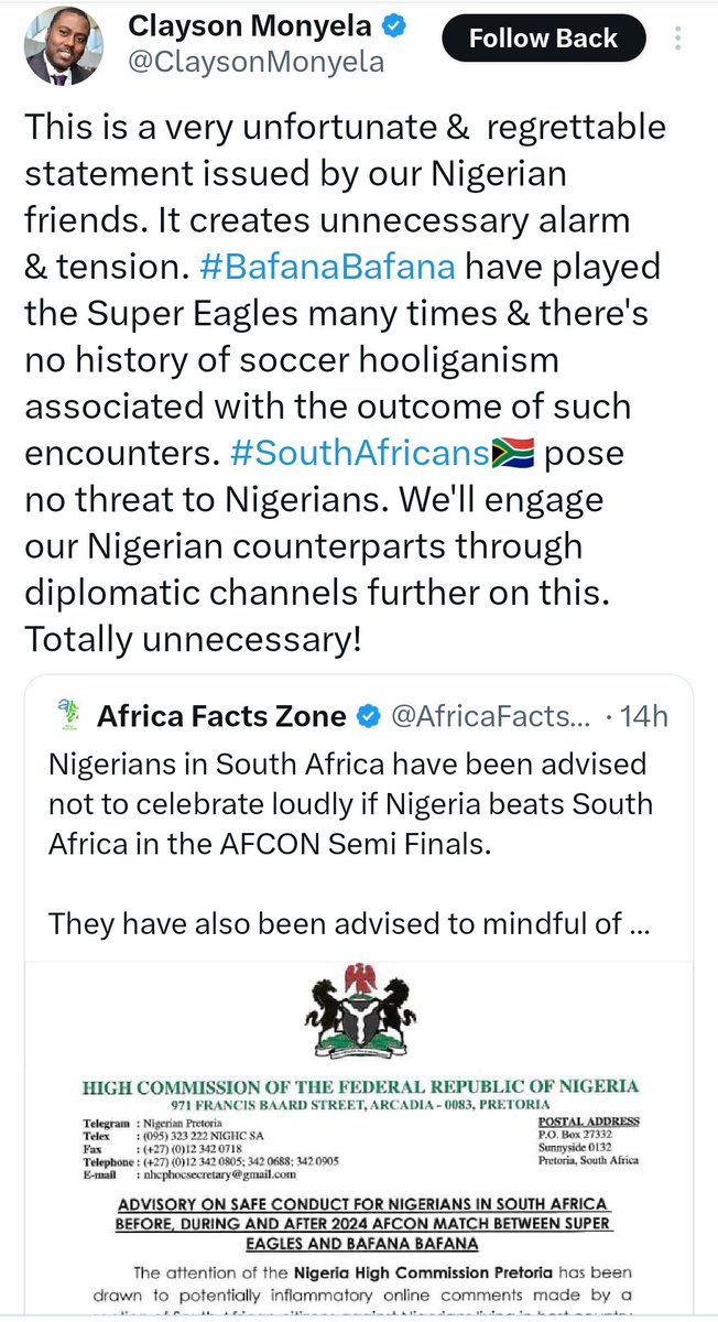 South Africa's Foreign Ministry criticises Nigerian High Commission for advising Nigerians in South Africa to be cautious during their AFCON game.

The Ministry says South Africans have never attacked Nigerians over a football match, and that the press release is unnecessary.