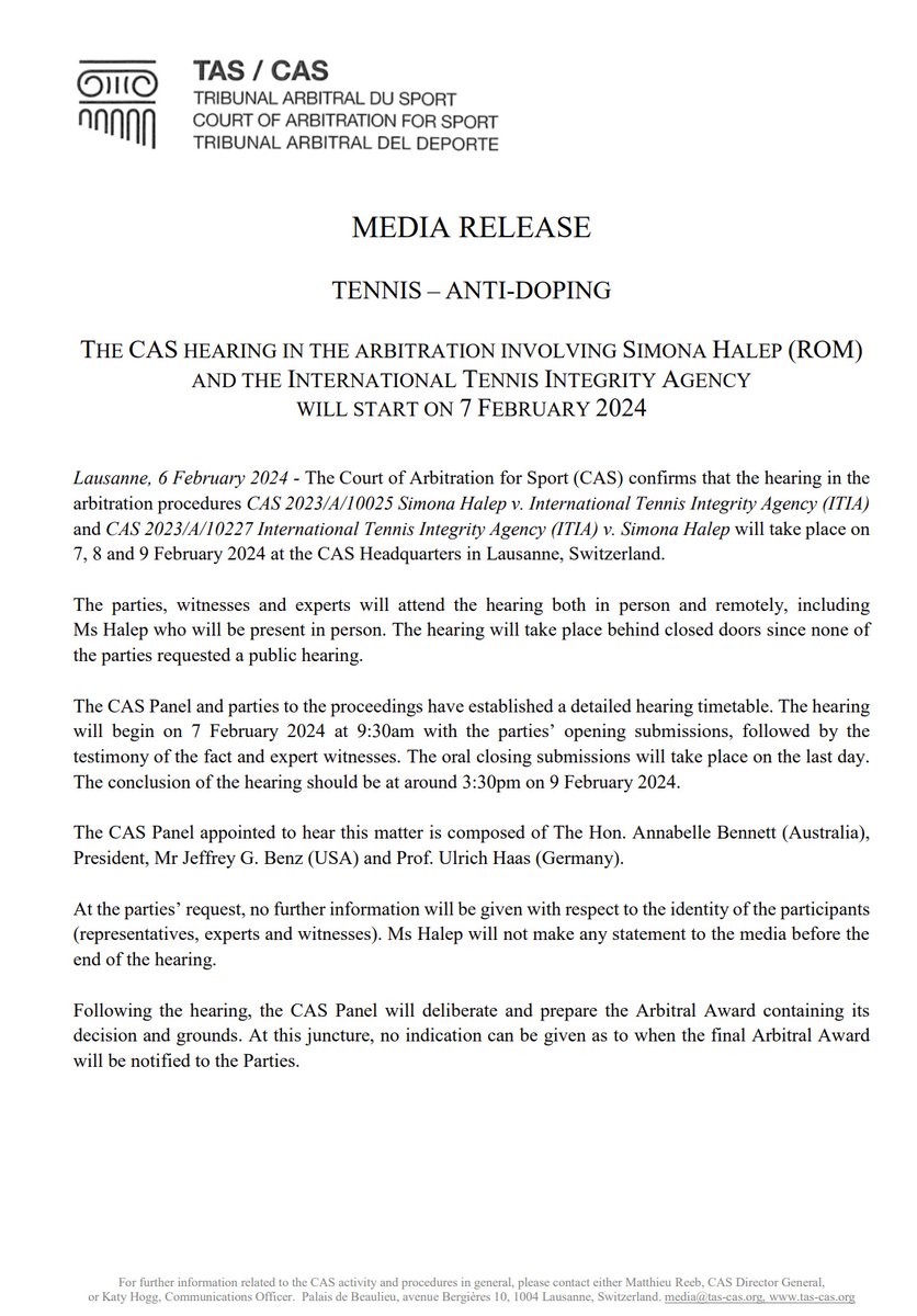 WTARomania's tweet photo. The TAS's media release giving information about Simona Halep's hearing which will start on Wednesday. https://t.co/tBO25bDQUs