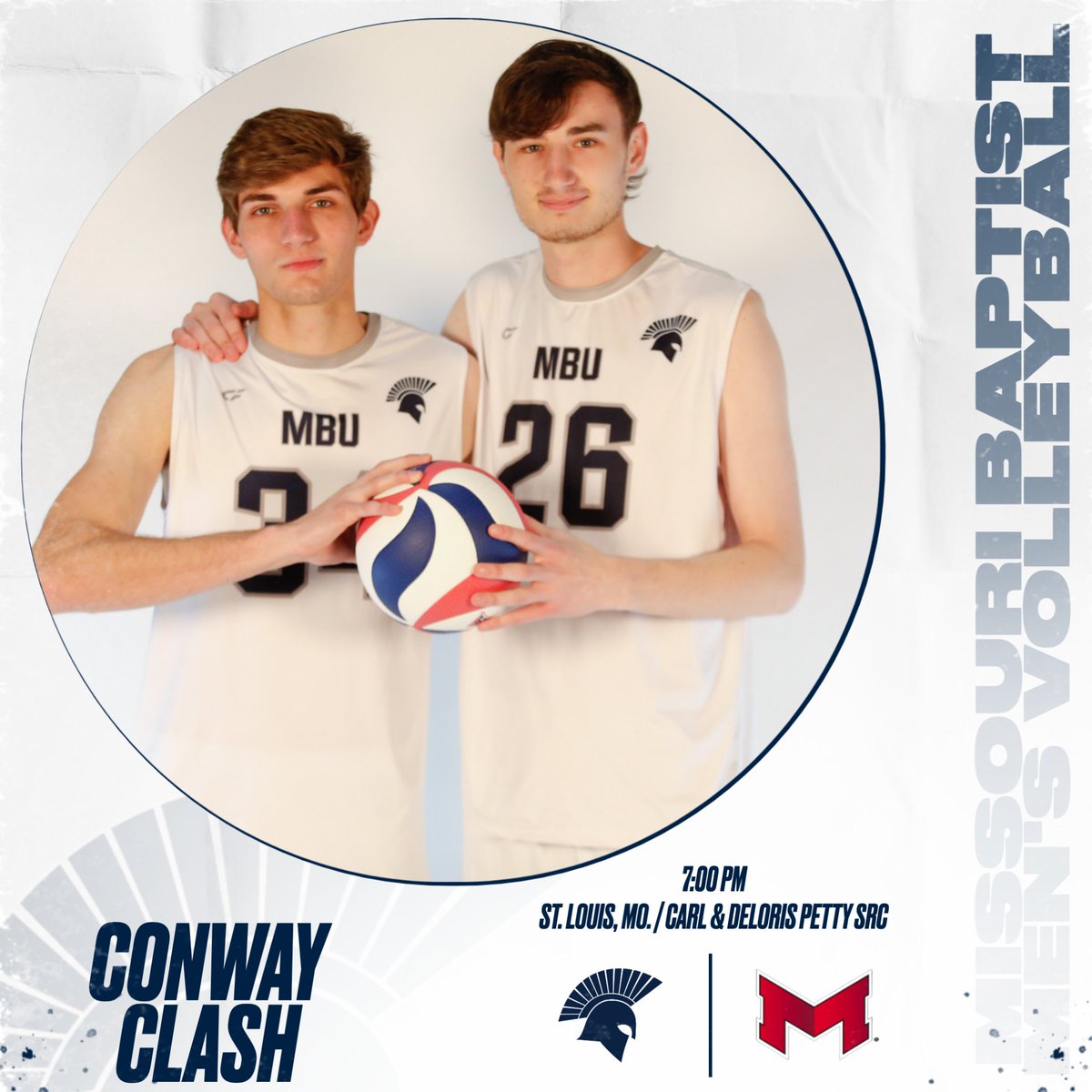 Breaking out the frosty white unis for the Conway Clash! Be sure to wear your white if you're coming out for tonight's local clash between the veterans (MBU) and the new kids on the block (MU).

🕖 – 7:00 PM
💻 – team1sports.com/missouribaptist
📊 – statb.us/b/499999