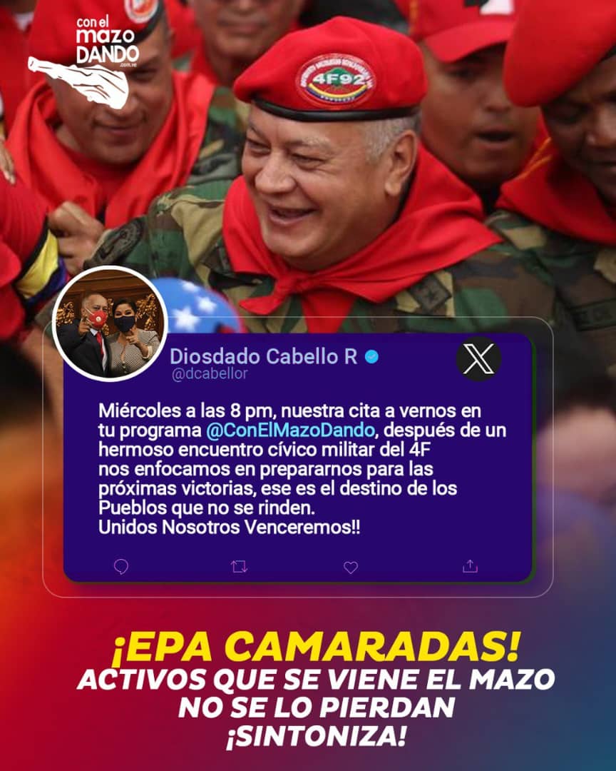 Epa Compatriotas: activos que se viene tu Programa <a href="/ConElMazoDando/">Con el Mazo Dando</a> Por nuevas Victorias en este año 2024.  Miércoles a las 8 p.m. por <a href="/VTVcanal8/">VTV CANAL 8</a>  <a href="/PartidoPSUV/">PSUV</a> <a href="/dcabellor/">Diosdado Cabello R</a>