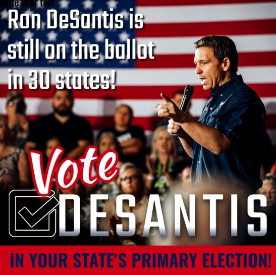 CivicViewPoint's tweet photo. @ChasYank2022 @RonDeSantis Ron DeSantis is still on the ballot in 30+ states & territories. #VoteDeSantis in your state's PRIMARY to send a loud message to the RNC that we still support #DeSantis2024 ! https://t.co/ZmiAIk5y03