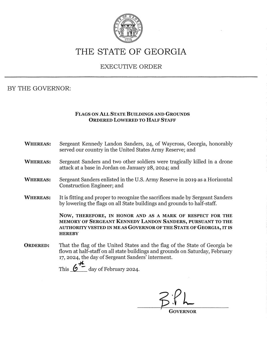 As we continue to honor the bravery and sacrifice of the three servicemembers who died serving our nation, I’ve ordered flags be lowered in honor of Sergeant Kennedy Sanders on Feb. 17. I will do the same for our other honored fallen when their funeral arrangements are finalized.