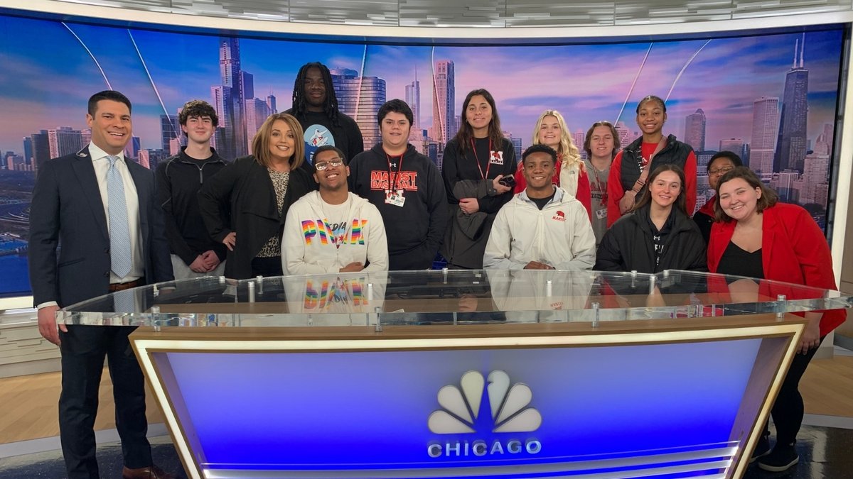 MaristChicago's tweet photo. The journalism 2 &amp; broadcasting 2 students began their day with an in-house field trip, hearing from NBC correspondent Phil Rogers. Then they headed downtown to tour several broadcast stations including NBC Chicago! These RedHawks are ready to take the journalism world by storm! https://t.co/lbwH6zU2Mr
