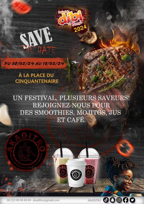 Hello j’espère que vous allez bien ? Très chère clients et fan de #Akaditro préparez vous pour vivre des moments de ouf avec plusieurs saveurs de nos smoothies, mojitos , jus qui seront disponibles au festival du dibi à ne surtout pas rater surtout ⬇️⬇️