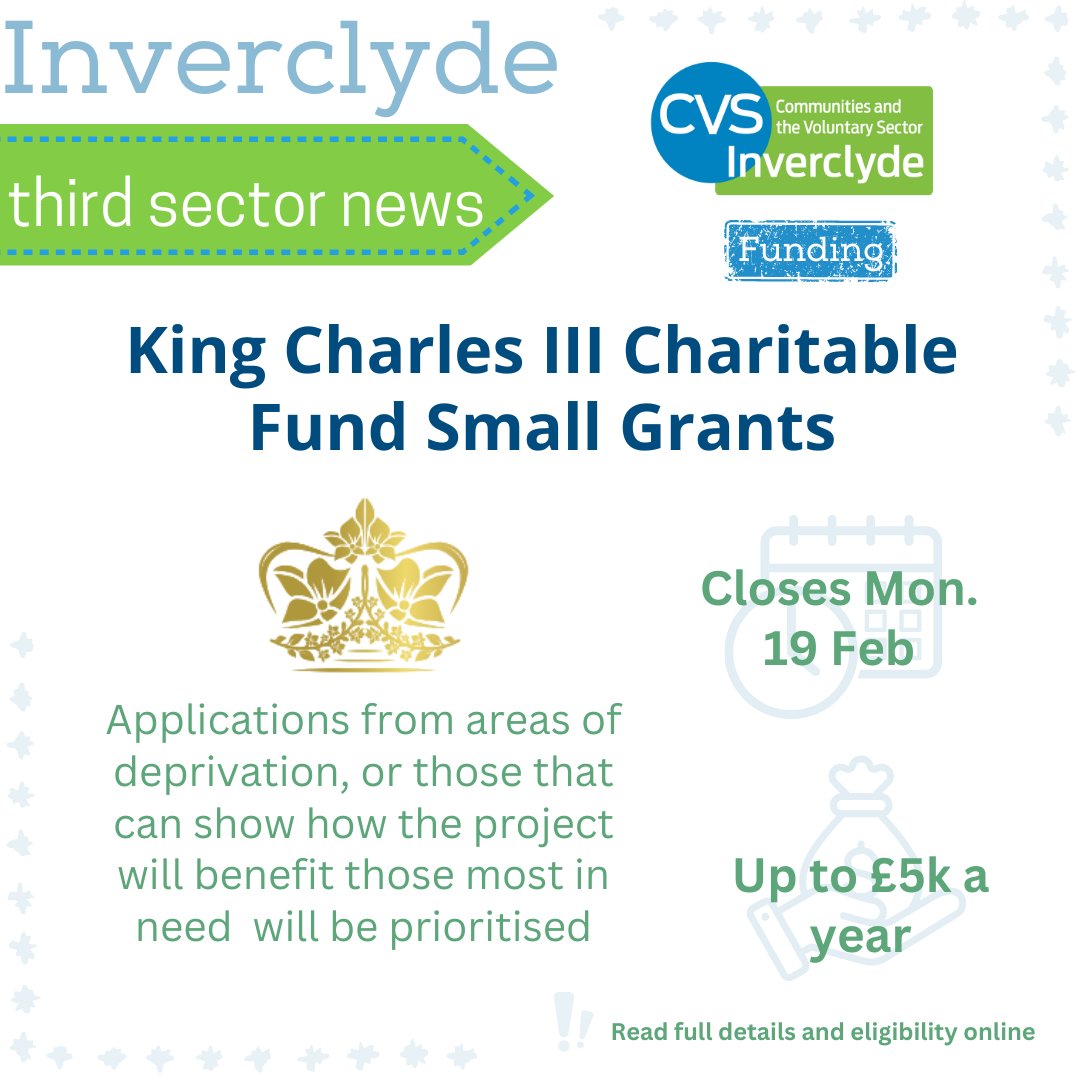 .@kingcharlesfund is offering small grants for charitable organisations, particularly those supporting deprived areas. Closing 5.30pm on Monday 19 February. Read more and apply: kccf.org.uk/small-grants/