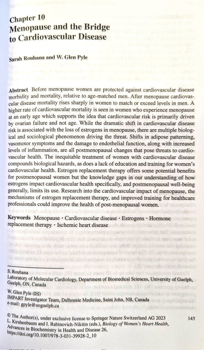 📣The 'Biology of Women's Heart Health' is now available! 👏Thanks to @RabinovichInna & @LAK674 for inviting Dr Sarah Rouhana & I to contribute a chapter on #menopause & #CardiovascularDisease.🫀💃🏽 🔗link.springer.com/book/10.1007/9… #WomensHeartHealth #research #WomensHealth