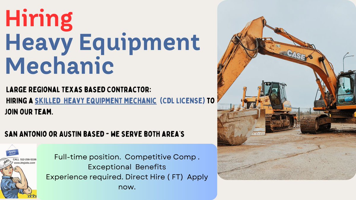 #hiring #equipmentmechanic #heavy #equipment #DIESELmechanic with #CDL preferred
 HIRING HEAVY EQUIPMENT MECHANIC You will delivery pick up and repair ( PM and Major repairs to our construction equipment ) sometimes driving between Austin and San Antonio  buff.ly/3TWDWsT