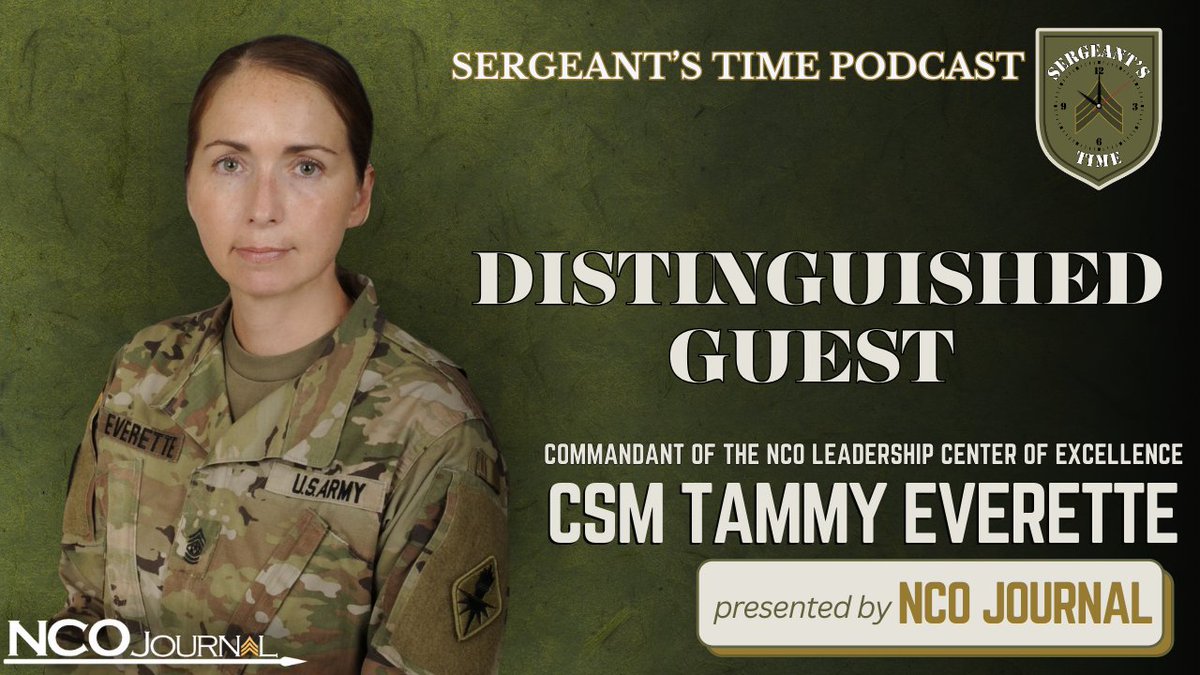 The @NCOJournal is honored to announce Sergeant's Time Podcast guest, commandant of the NCO Leadership Center of Excellence, CSM Tammy Everette.
Mark your calendars for February 9th.
#NCOJSTP #NCOLCoE
@USArmy @NCOLCoE https://t.co/tFbhPLGL1a
