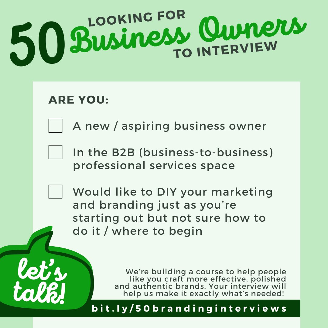 We're looking for 50 new / aspiring #entrepreneurs in the B2B professional services space to interview for a course we're building. These should be people who are considering how to better DIY their own marketing &amp; branding starting out: bit.ly/50brandinginte…