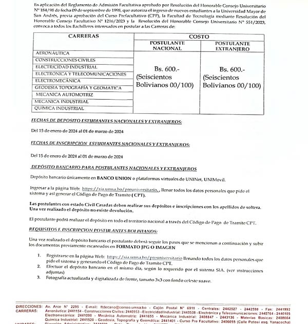 UMSA: Curso Prefacultativo Facultad de Tecnología I/2024 dlvr.it/T2PX7w