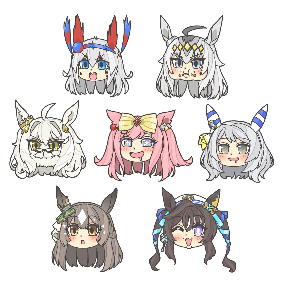 agnes digital (umamusume) ,oguri cap (umamusume) ,tamamo cross (umamusume) multiple girls animal ears horse ears simple background grey hair pink hair one eye closed  illustration images