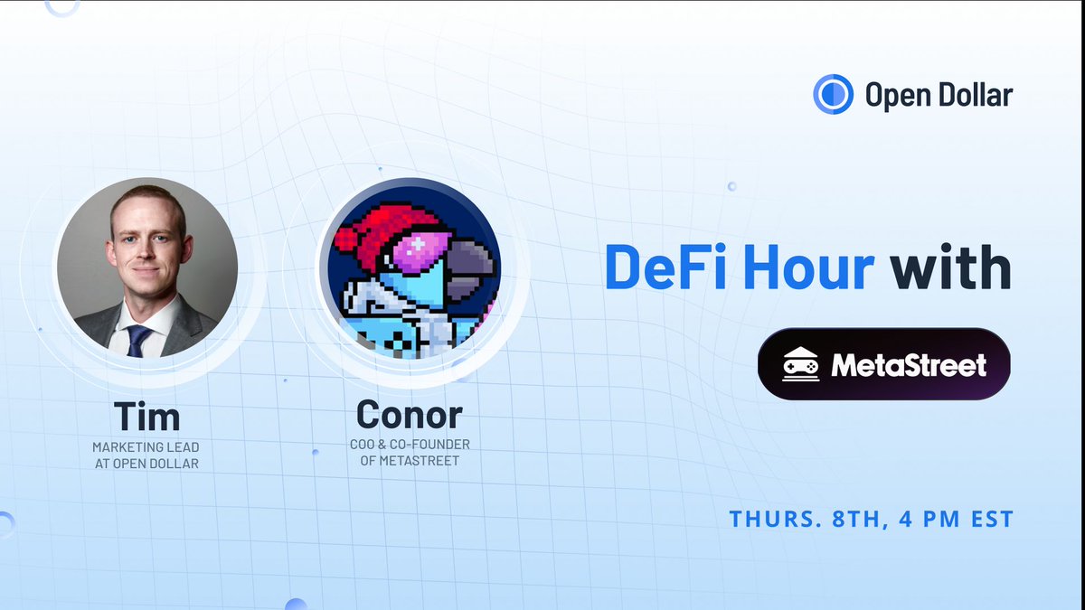 open_dollar's tweet photo. 1️⃣🎙️ DeFi hour is back, with a brand new episode featuring @metastreetxyz!

We’ll be joined by Metastreet’s COO &amp; Co-Founder @_ConorMoore to learn about NFTfi, yield stacking, and applications beyond JPEGs 🖼️

🗓️ Thursday, February 8th at 4 PM EST

https://t.co/Tda1wdDVki https://t.co/EX4EJSXQkP