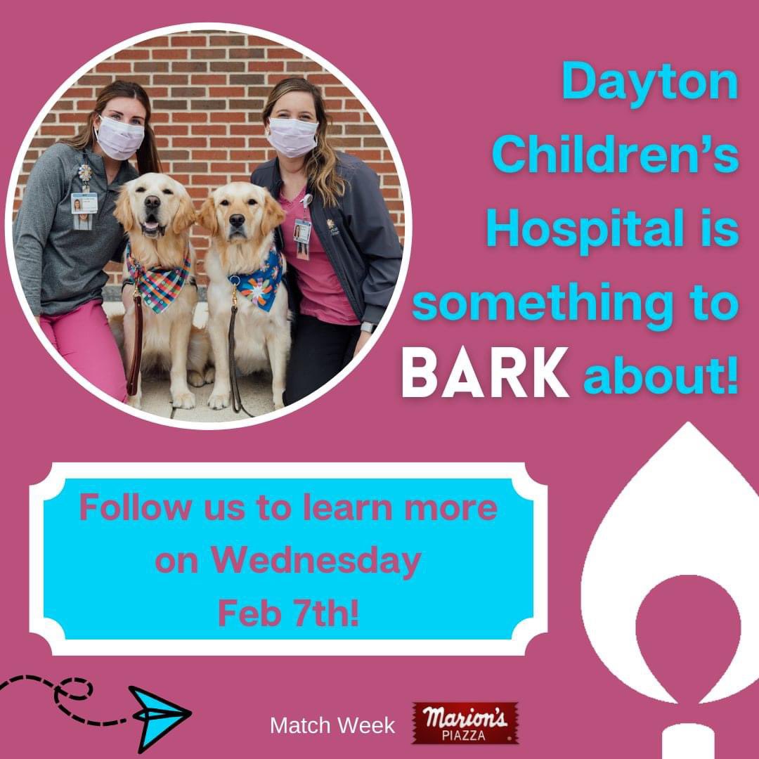 Tomorrow we will be sharing information on one of the doggone best programs at @daytonchildrens, the @canine_copilots! Follow us all day long as we explore what these floofy helpers do for the kids at Dayton Children's!

#KidsCantWait #MiracleWeek #kcw #matchweek #MarionsPiazza