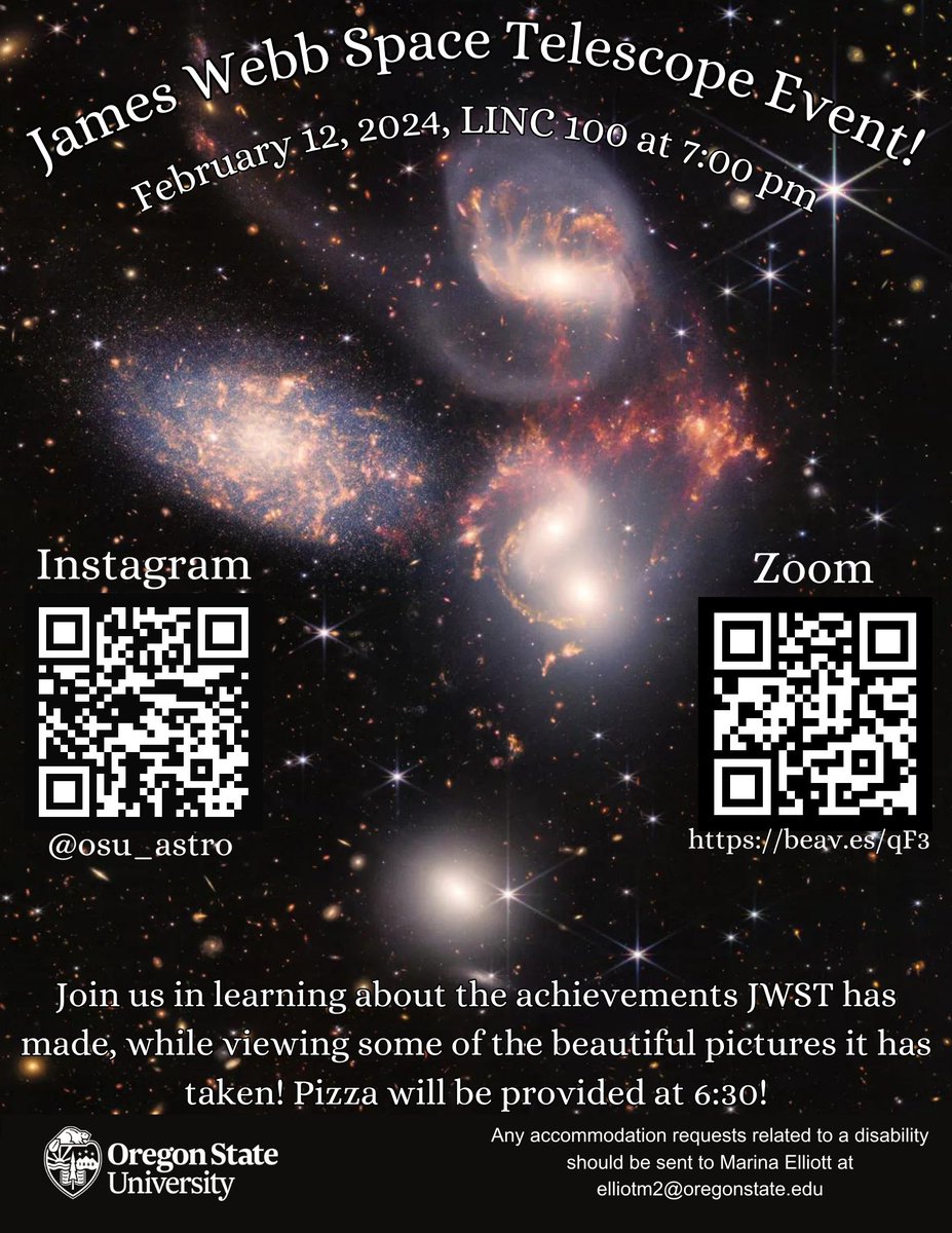 Join the Oregon State University Astronomy Club for a James Webb Space Telescope Event on Monday Feb. 12! Doors open with pizza at 6:30, official start time is 7pm.