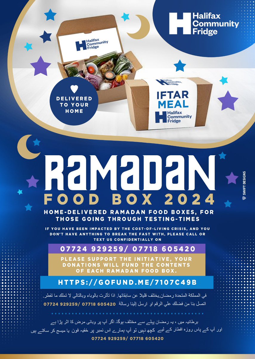 Ramadan Food Box 2024 For the last 5 years we’ve supported needy-families all across Calderdale with our Ramadan Food Box projects. This year is no different, please see poster for details. gofund.me/7107c49b