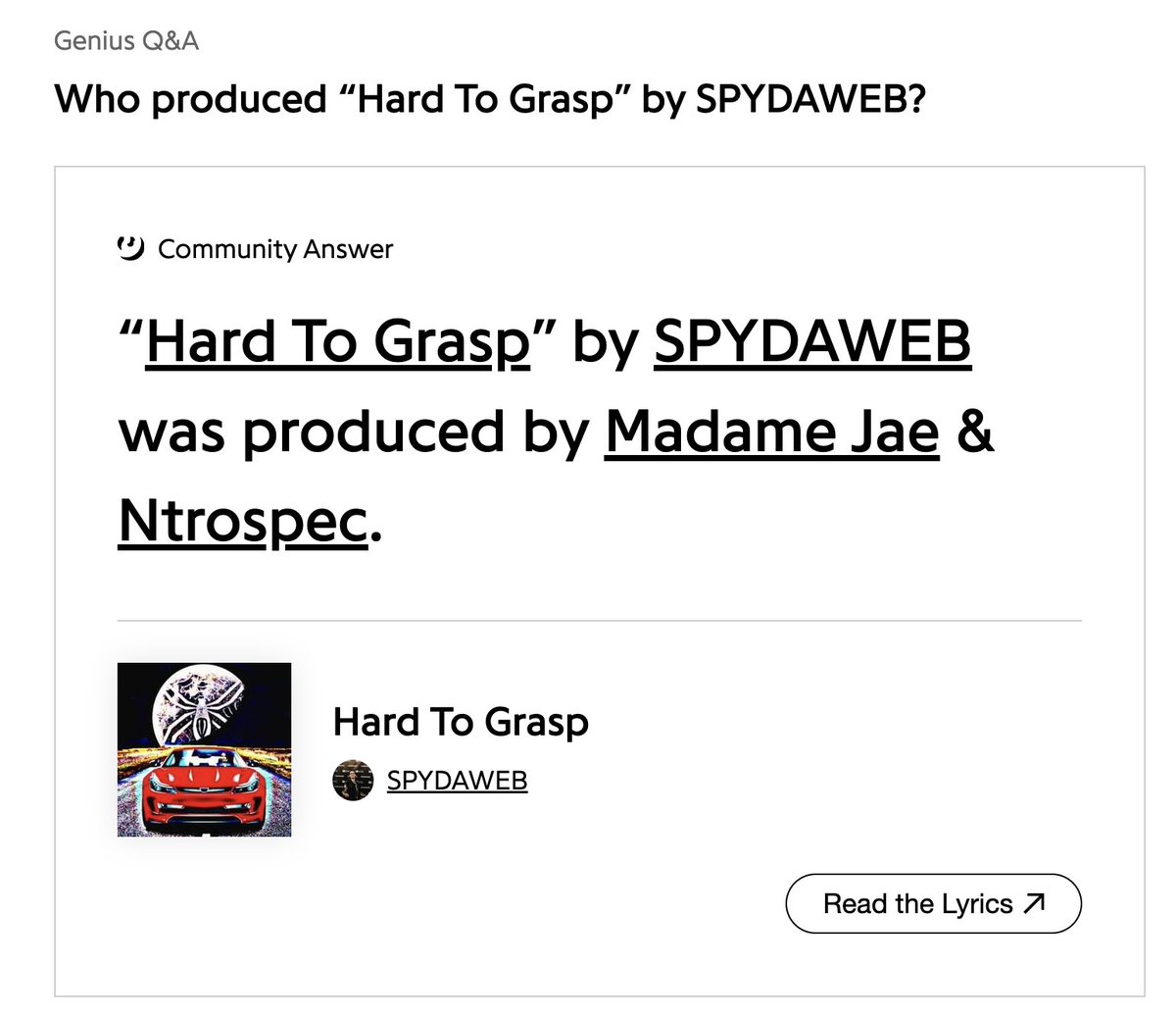 This showing up on Genius when I Google my name is pretty cool @MadameJaeMusic @spydaweb_