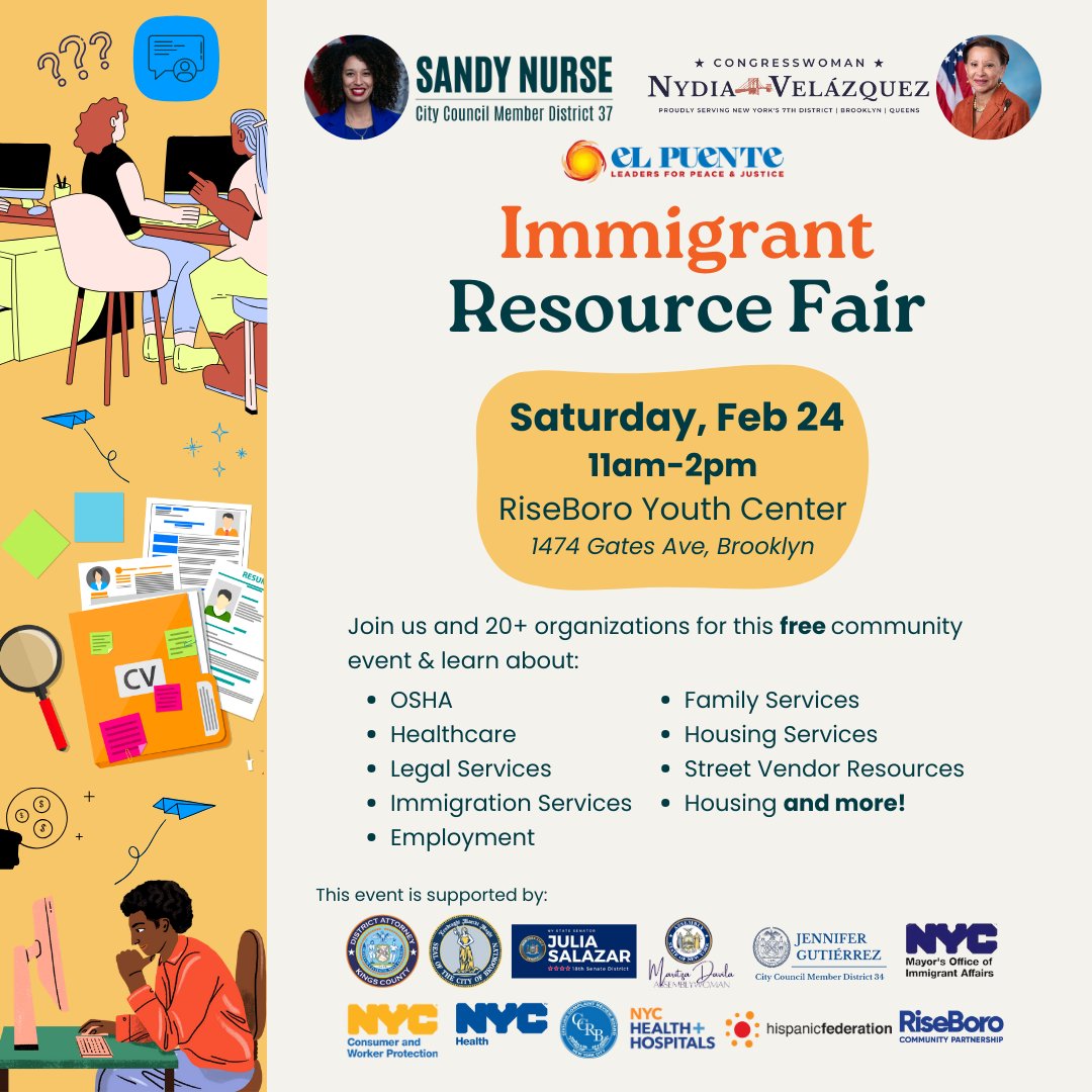 We are super excited to sponsor a FREE Immigrant Resource Fair in partnership w/@NydiaVelazquez & @elpuentepalante! ⏰When: Sat, Feb 24 from 11 - 2PM 📍Where: RiseBoro Youth Center (1474 Gates Ave)