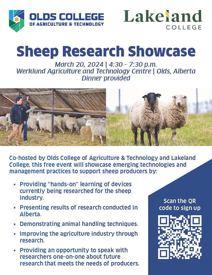 Sheep Reseach Showcase on March 20 at Olds College. Co-hosted by Olds College of Agriculture & Technology and Lakeland College, the upcoming FREE Sheep Research Showcase is for students and producers interested in sheep production. Register Here: docs.google.com/forms/d/e/1FAI…