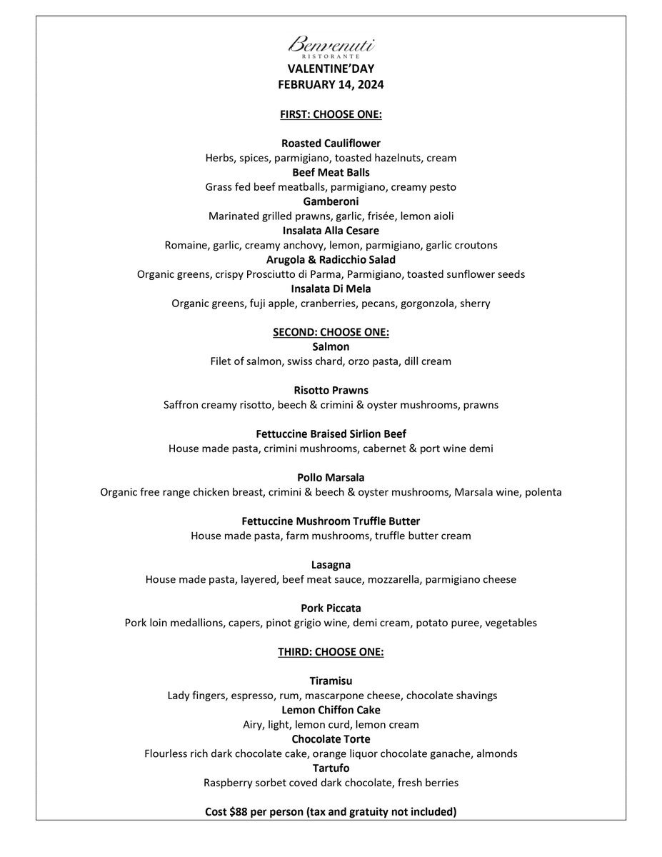 BenvenutiWC's tweet photo. Valentine's Day 2024 Prefixe Menu.
Call 925-932-2828 or book online https://t.co/KzxVaPiAGR https://t.co/0KImOdwEyr