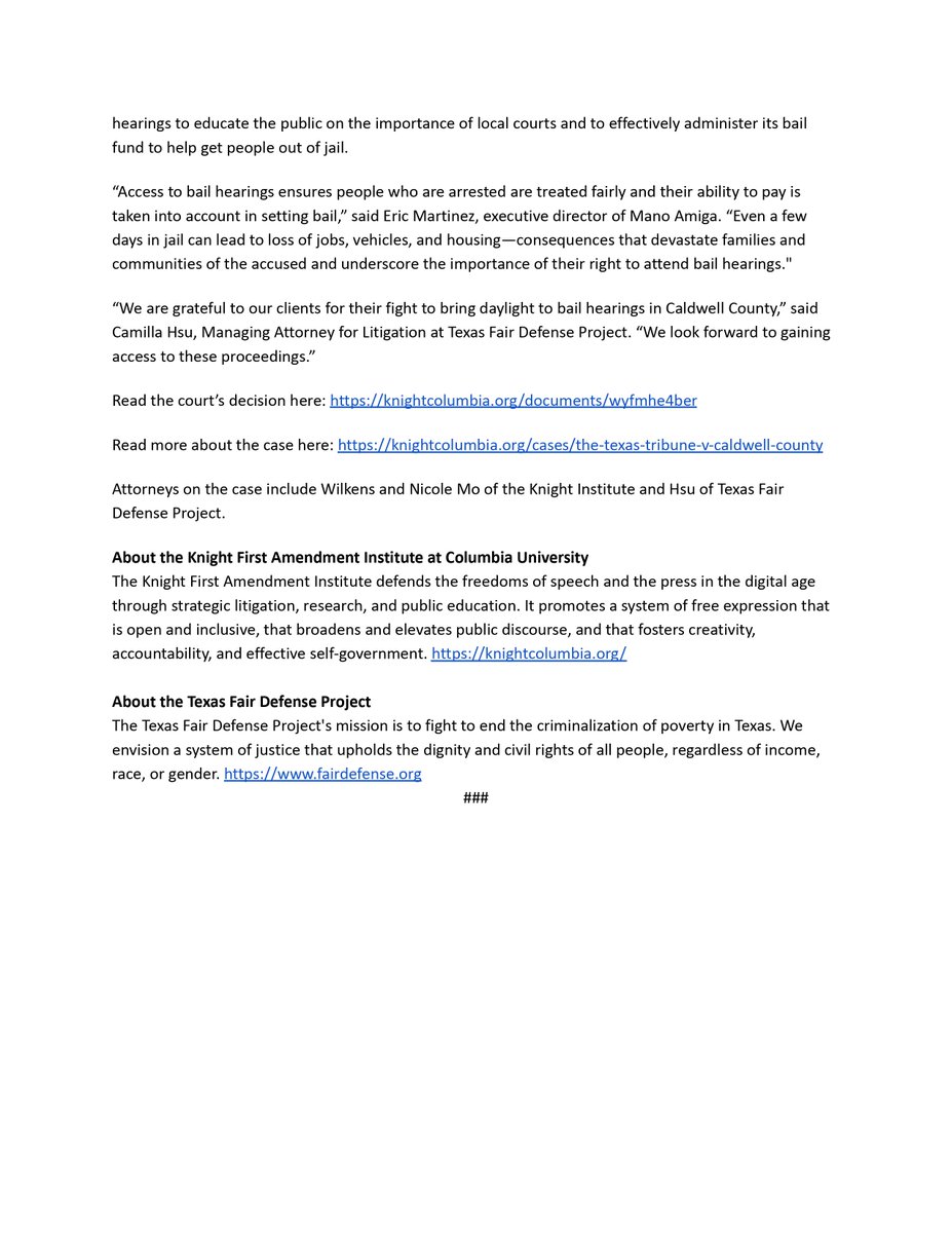 TFDP wins a preliminary injunction ordering Caldwell County to open bail hearings to the public and press! Read the full press release here: tinyurl.com/4furs8v6