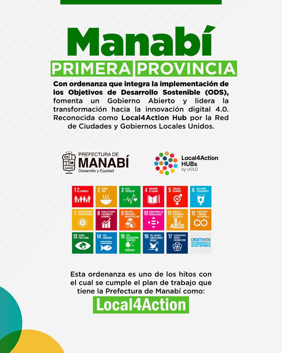 ➡️ Manabí destaca como líder en la implementación de los Objetivos de Desarrollo Sostenible (ODS) de la #ONU, siendo reconocida por Ciudades y Gobiernos Locales Unidos (CGLU) como un referente en la agenda 2030 mediante la iniciativa #Local4Action.

#manabí200añosdehistoria